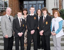 Mr Dermot McGovern, Headmaster congratulates 3 pupils that have been ranked in the top three places at GCSE in Northern Ireland. Included are Sean Rooney (Joint 3rd GCSE German), Patrick Gallogly (1st GCSE History), with his teacher Mrs Mildred Rooney. Daniel McCullagh (3rd GCSE Modular Mathematics), with his teacher Miss Karen Murphy and Head of Mathematics Mrs Sinead Burns. Abbey Grammar School, Newry
 